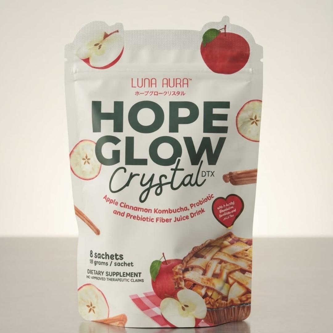 Luna Aura Hope Glow Crystal DTX Apple Cinnamon Kombucha | Prebiotic Fiber Drink (8 Sachets)