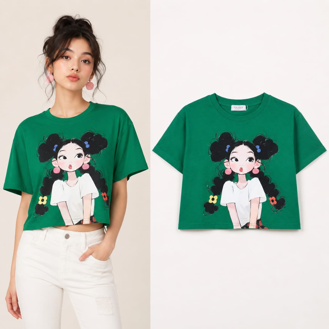 Women's Cartoon Graphic Crop T-Shirt – Free Size