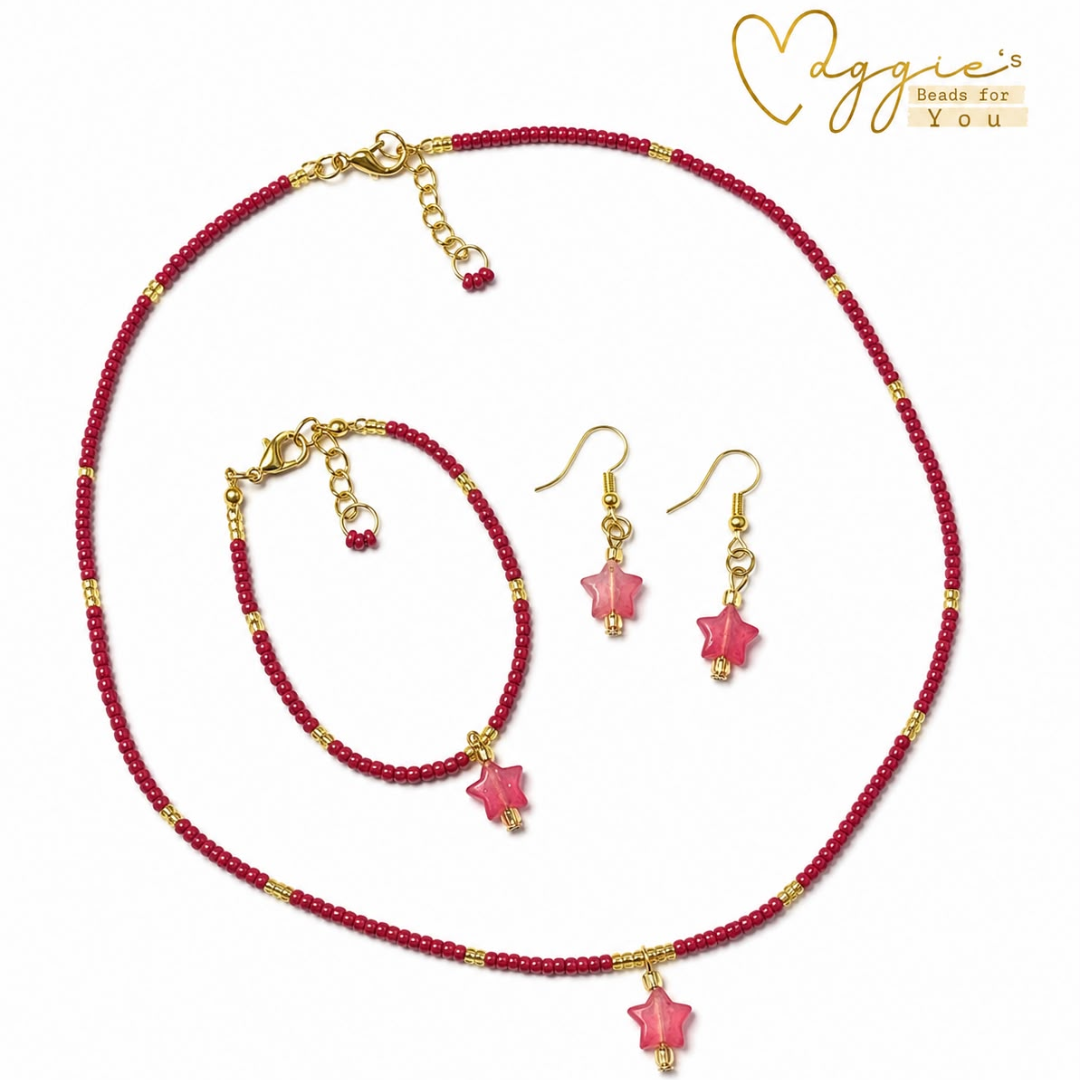 Red Star Beaded Jewelry Set by Maggie's Beads for You