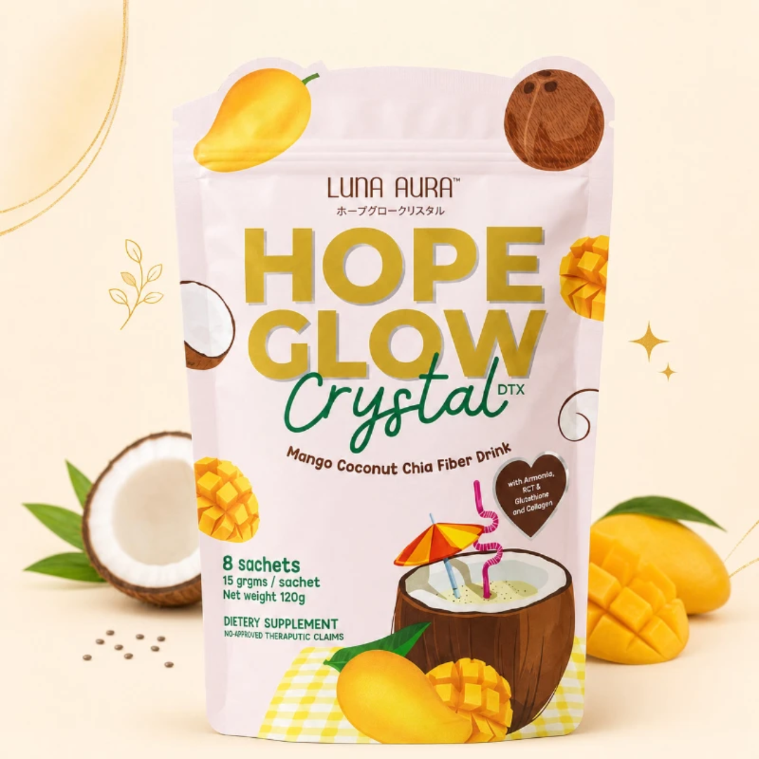 Hope Glow Mango Coconut Chia Fiber Drink by Luna Aura | Glutathione & Collagen Supplement (8 Sachets)