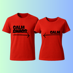 Two red t-shirts with black text on a gradient background