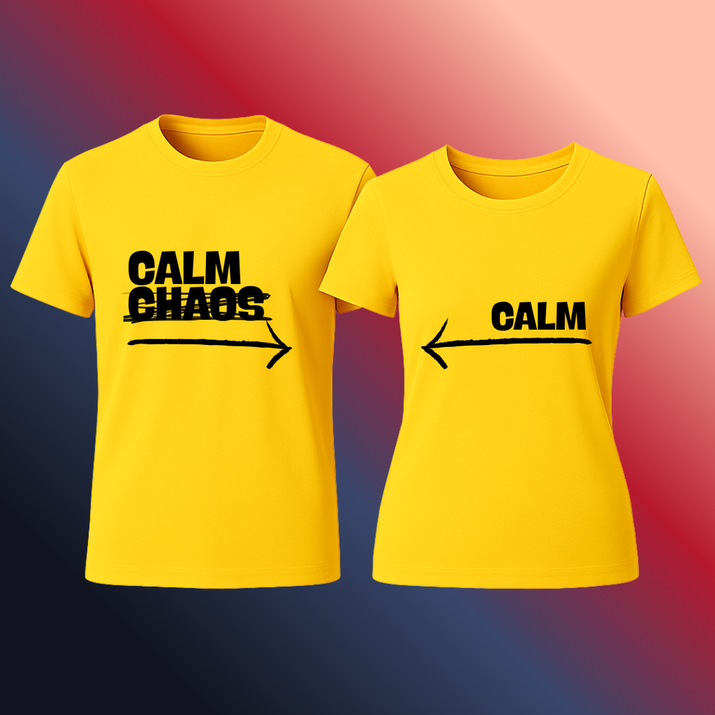 Two yellow t-shirts with text design on a gradient background