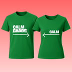 Two green t-shirts with text on a pink background