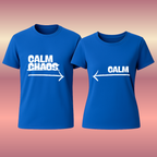 Two blue t-shirts with white text on a gradient background