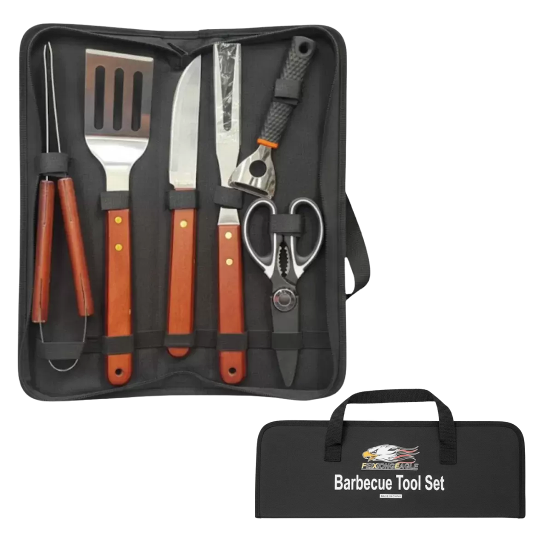 Stainless Steel Grilling Barbeque Tool Set With Wooden Handle In Portable Carrying Case- 6pcs Set