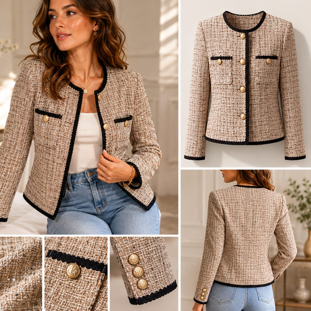 Women's Textured Tweed Jacket with Contrast Button Detail