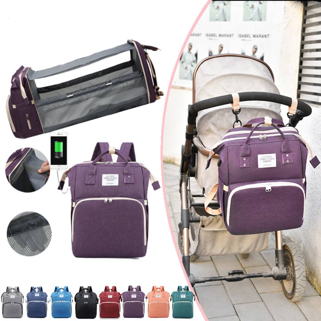 Baby Diaper Bag & Portable Bed – Multi-Function Foldable Mummy Backpack with Changing Station