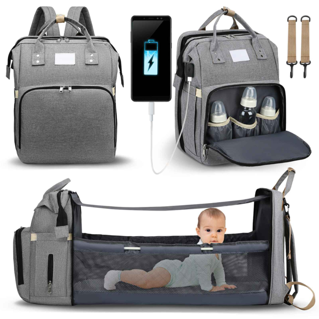Baby Diaper Bag & Portable Bed – Multi-Function Foldable Mummy Backpack with Changing Station