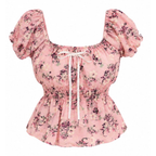 Women's Floral Puff Sleeve Smocked Peplum Blouse with Front Tie – Pink