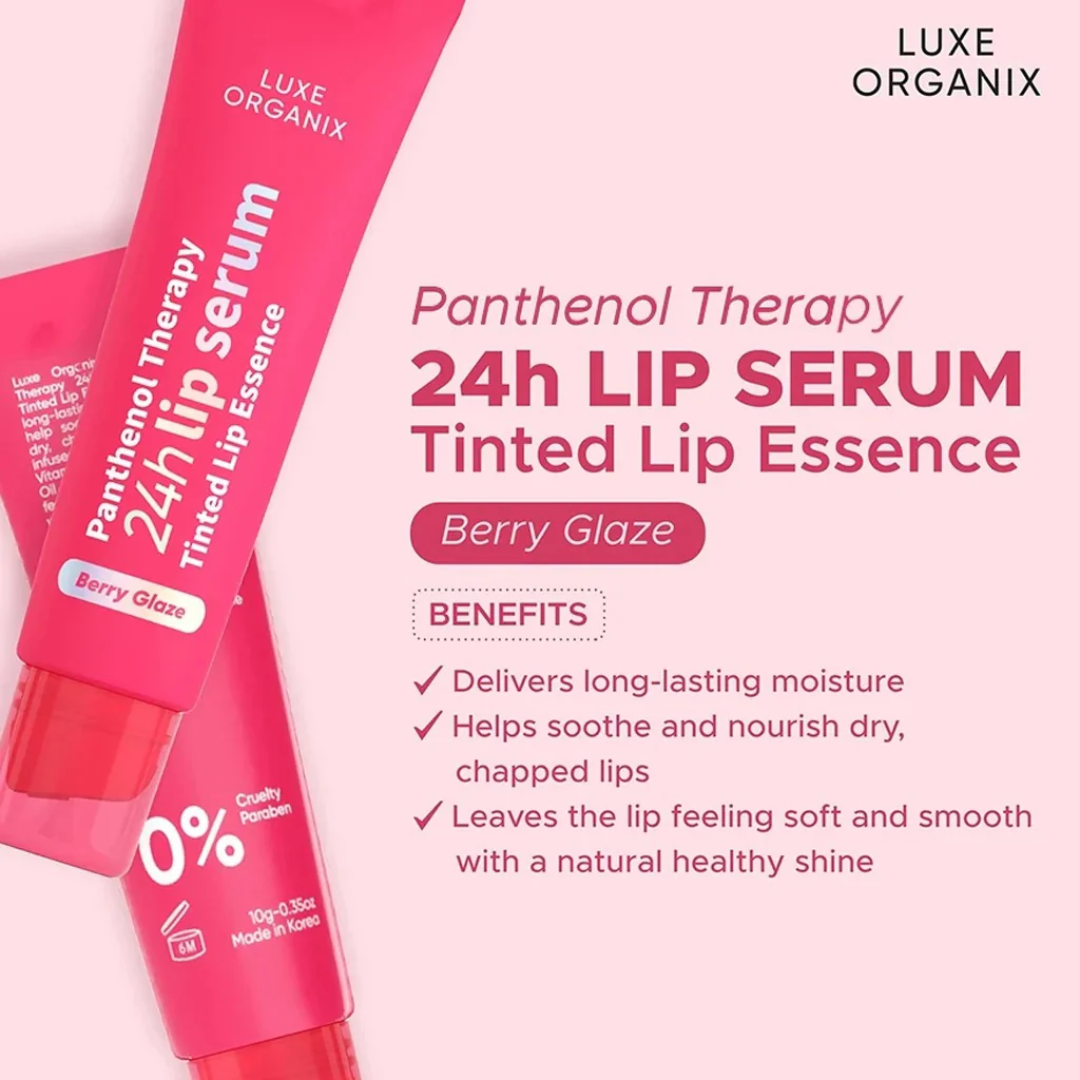 Luxe Organix Panthenol Therapy 24H Lip Serum 10g | Cherry Glaze, Berry Glaze & Honey Glaze
