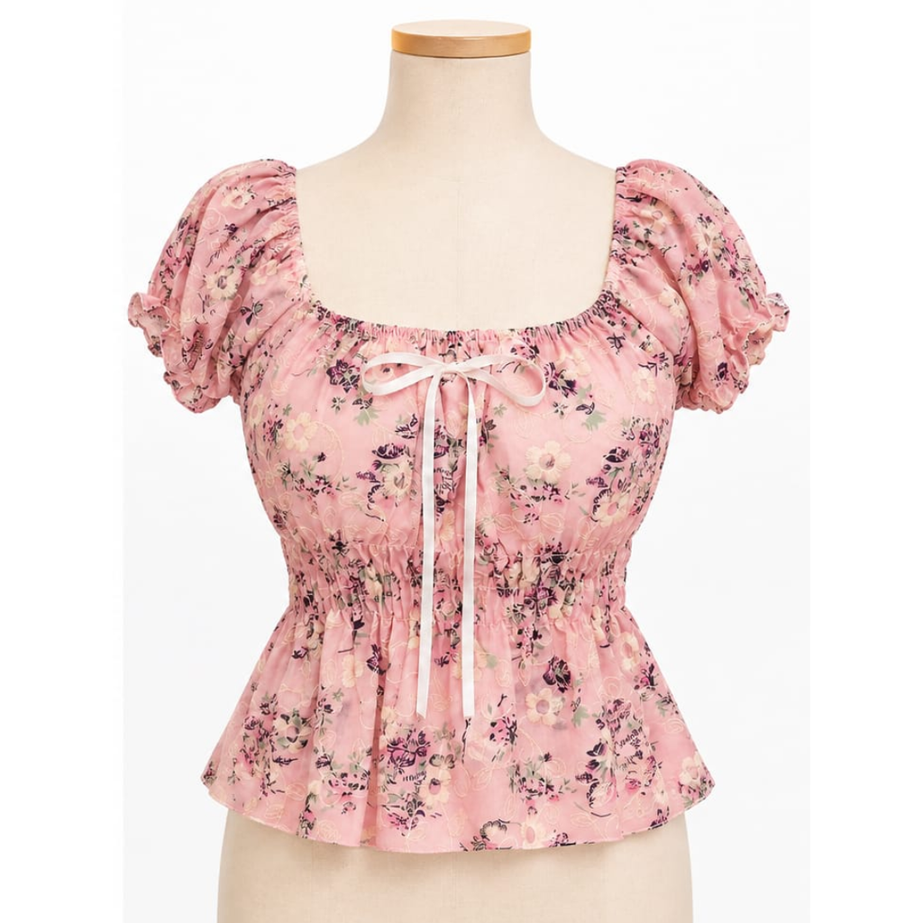 Women's Floral Puff Sleeve Smocked Peplum Blouse with Front Tie – Pink