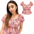 Women's Floral Puff Sleeve Smocked Peplum Blouse with Front Tie – Pink