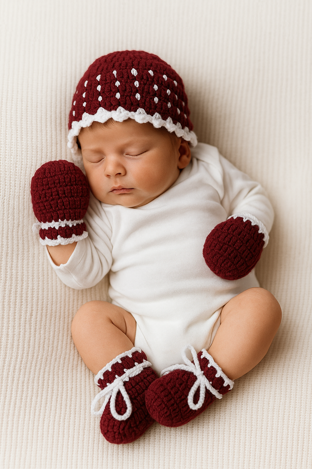 Berry Cuddles Set - Maroon Crochet Baby Beanie - Made with love by Mai Stitches