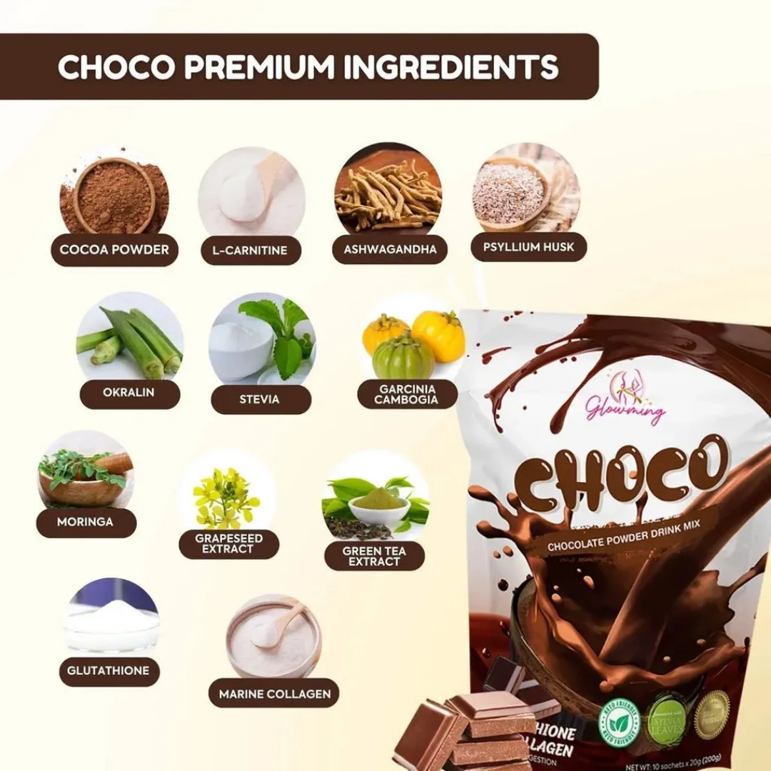 Glowming Choco Chocolate Powder Drink Mix – 200g (10 sachets x 20g)