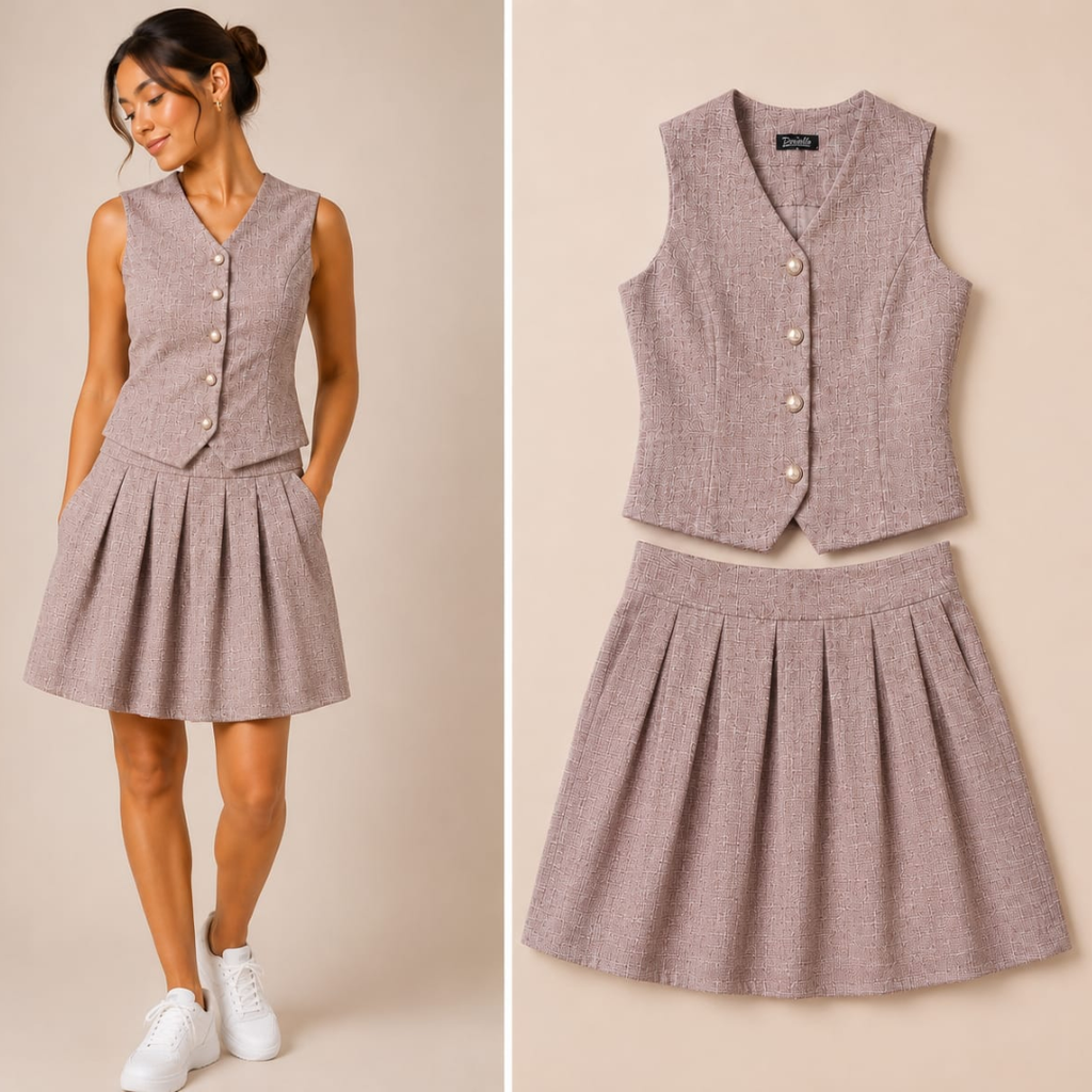 Women's Textured Vest & Pleated Skirt Co-Ord Set