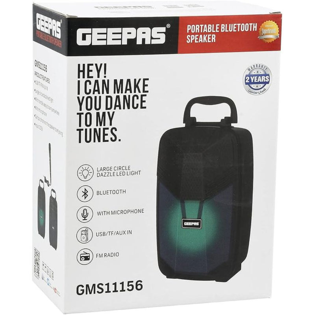 Geepas Portable Bluetooth Speaker, With Microphone, GMS11156 USB/TF/FM/AUX IN Large Circle Dazzle LED Light Portable & Lightweight Ideal For Home, Hotels & Outdoor Use, Black