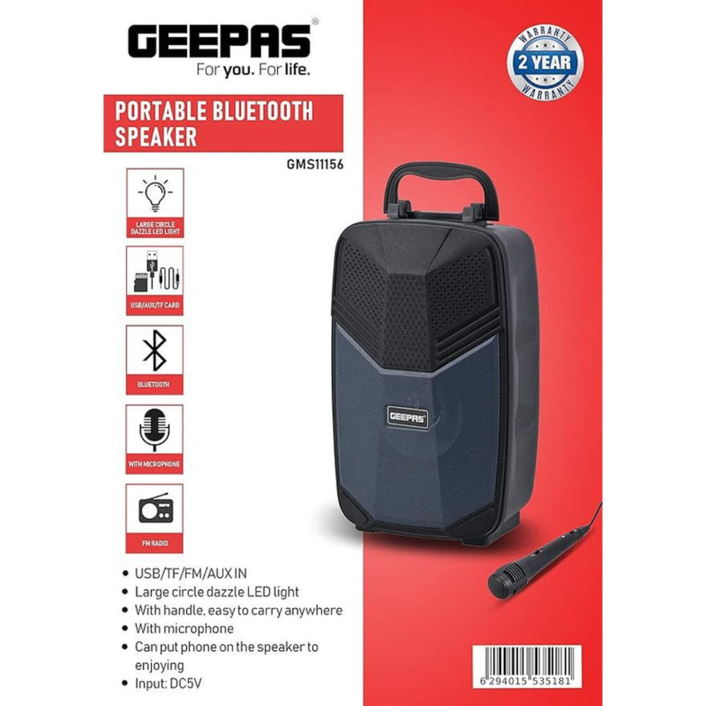 Geepas Portable Bluetooth Speaker, With Microphone, GMS11156 USB/TF/FM/AUX IN Large Circle Dazzle LED Light Portable & Lightweight Ideal For Home, Hotels & Outdoor Use, Black