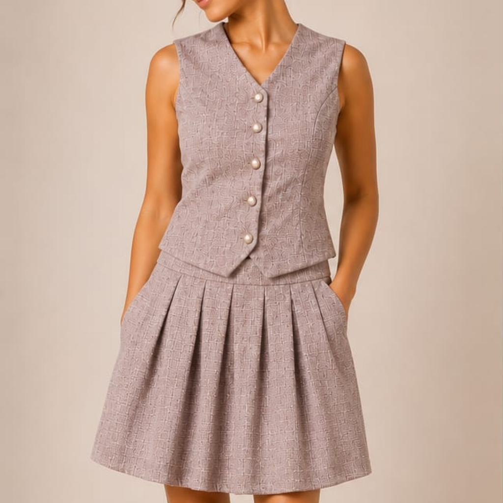 Women's Textured Vest & Pleated Skirt Co-Ord Set
