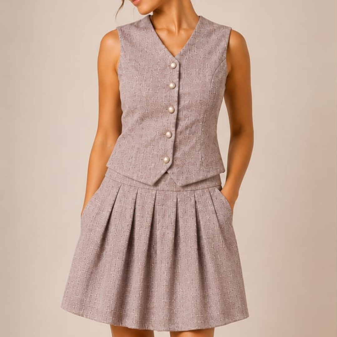 Women's Textured Vest & Pleated Skirt Co-Ord Set