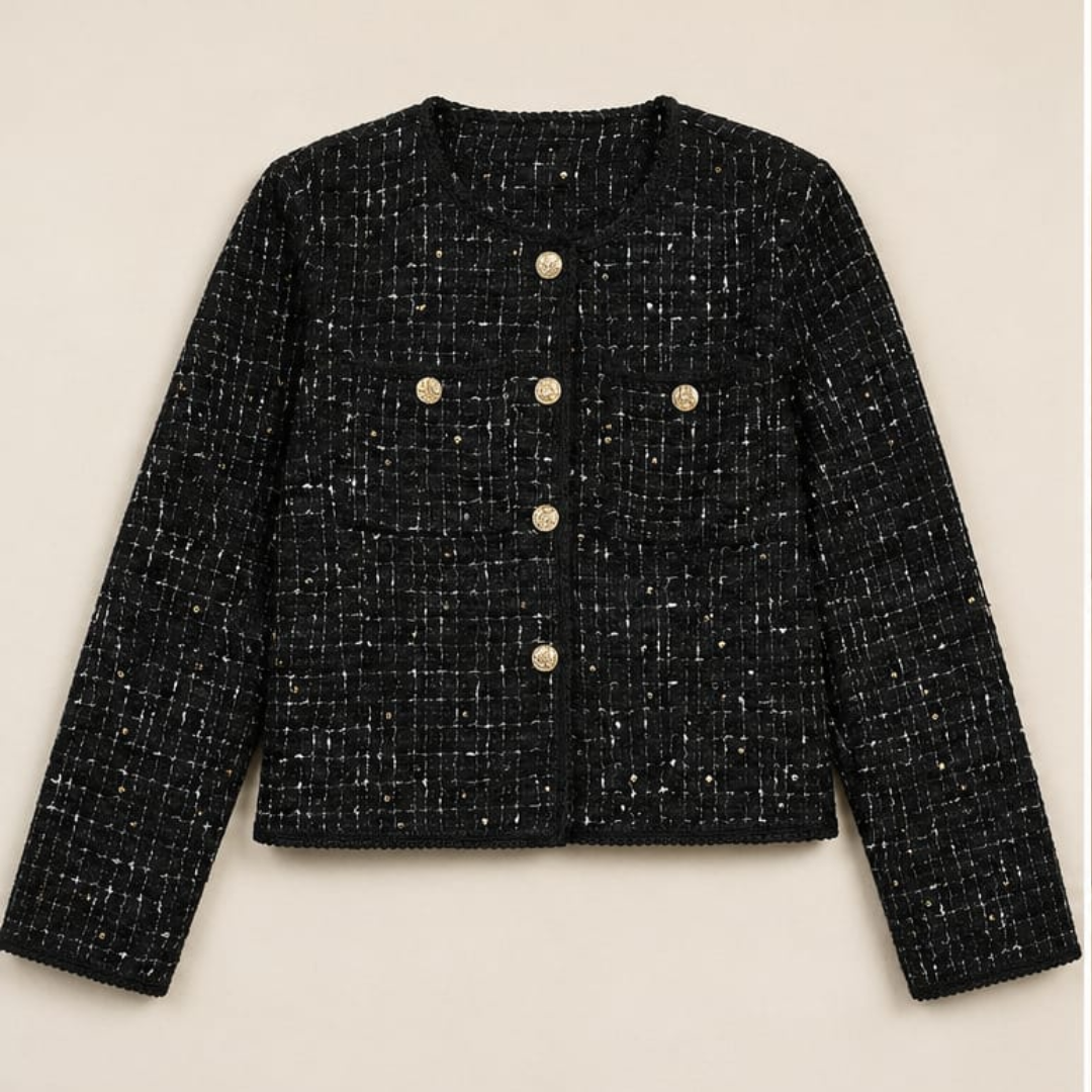 Women's Textured Tweed Jacket with Contrast Button Detail