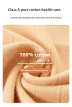 Close-up of beige fabric with text highlighting 100% cotton and health care standards.