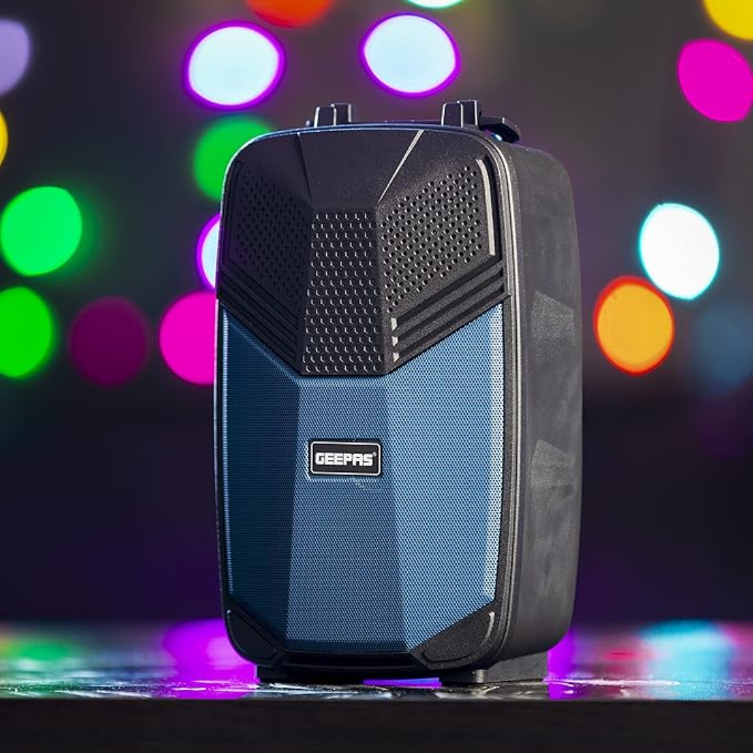 Geepas Portable Bluetooth Speaker, With Microphone, GMS11156 USB/TF/FM/AUX IN Large Circle Dazzle LED Light Portable & Lightweight Ideal For Home, Hotels & Outdoor Use, Black