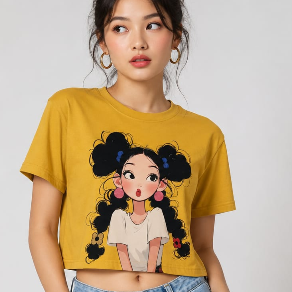 Women's Cartoon Graphic Crop T-Shirt – Free Size