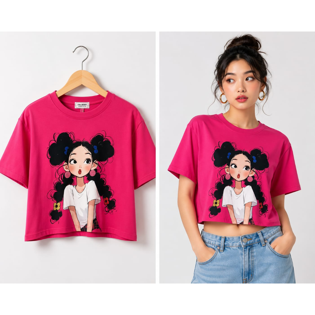 Women's Cartoon Graphic Crop T-Shirt – Free Size
