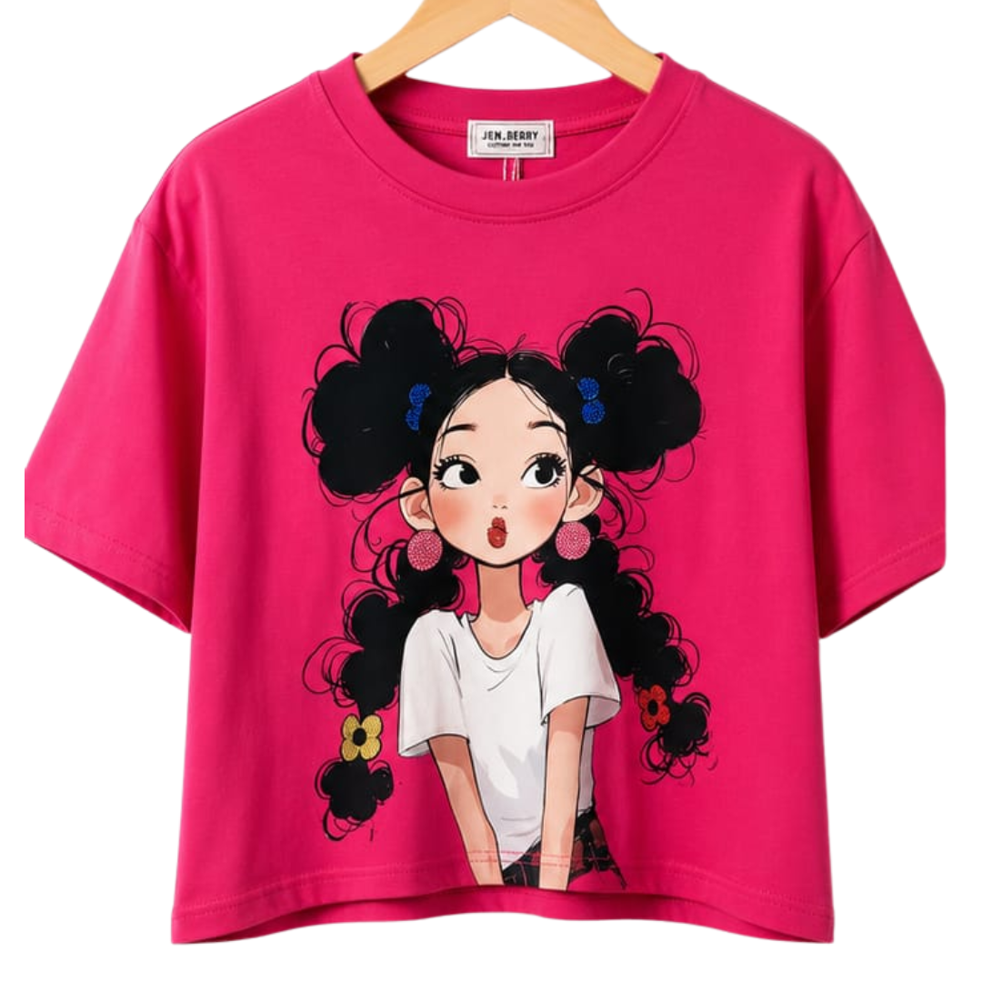 Women's Cartoon Graphic Crop T-Shirt – Free Size
