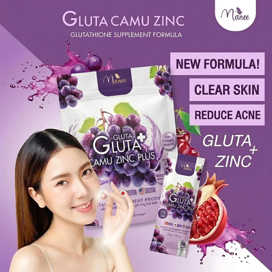 Manee Gluta Camu Zinc Grape Flavor | Glutathione, Collagen & Vitamin C Supplement (20 Sachets)