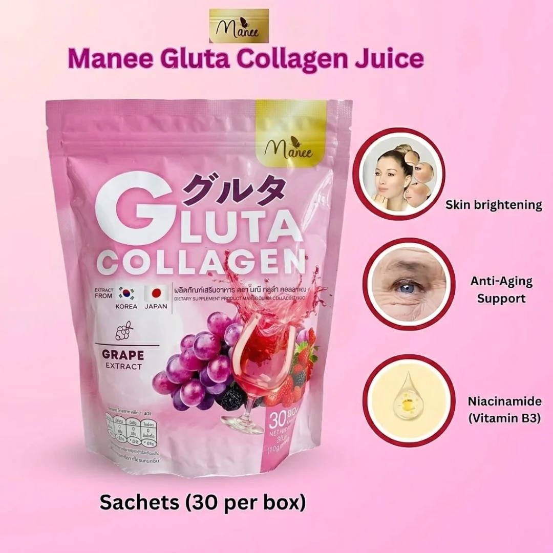 Manee Gluta Collagen Pink Grape Flavor | Glutathione, Marine Collagen & Antioxidant Beauty Drink (30 Sachets)