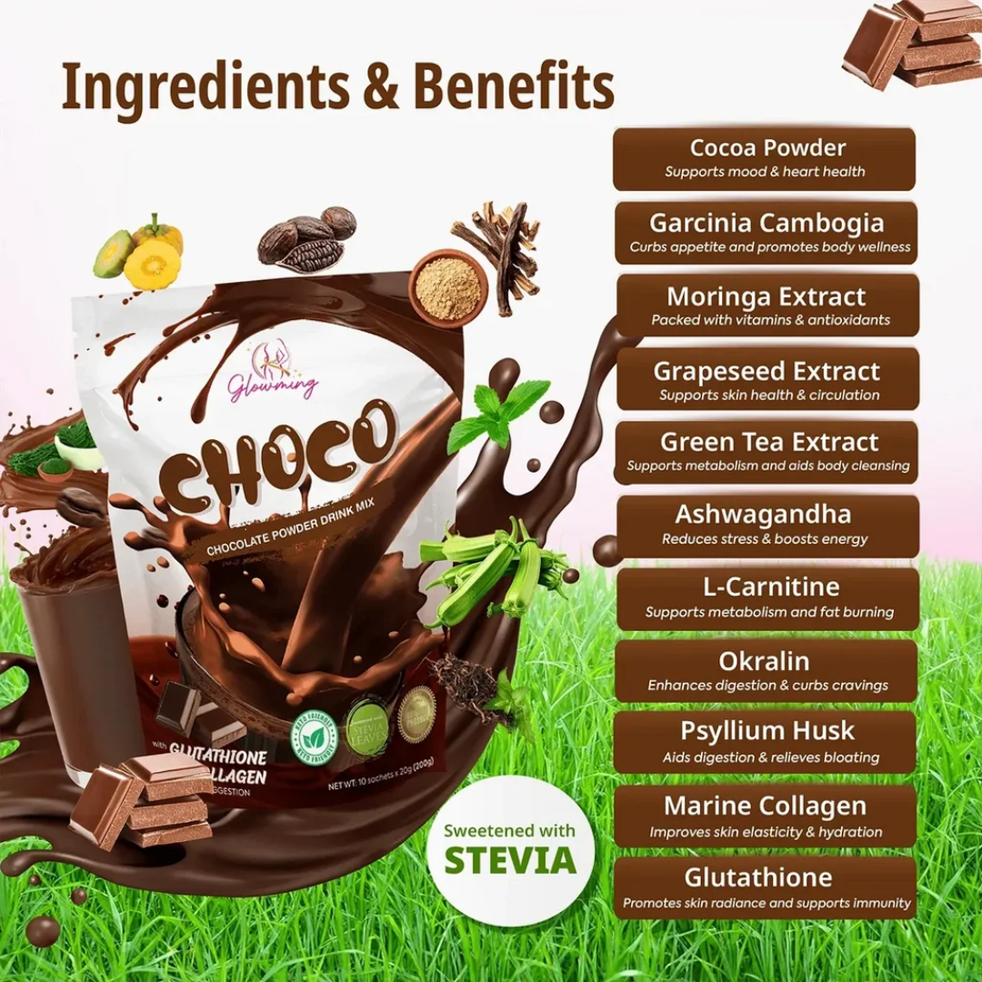 Glowming Choco Chocolate Powder Drink Mix – 200g (10 sachets x 20g)