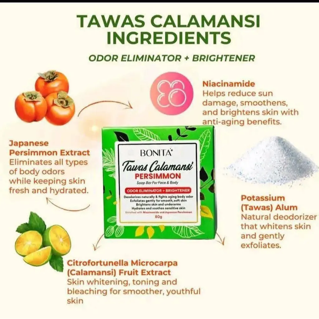 BONITA Tawas Calamansi Persimmon Soap 80g | Brightening Face & Body Soap with Niacinamide
