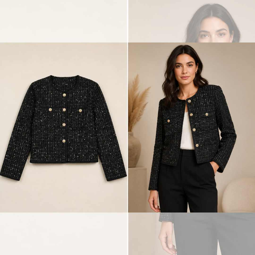 Women's Textured Tweed Jacket with Contrast Button Detail