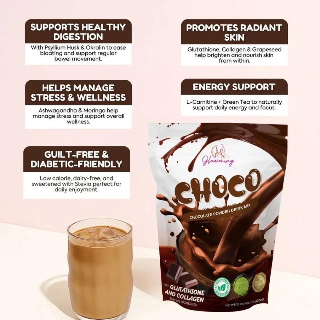Glowming Choco Chocolate Powder Drink Mix – 200g (10 sachets x 20g)