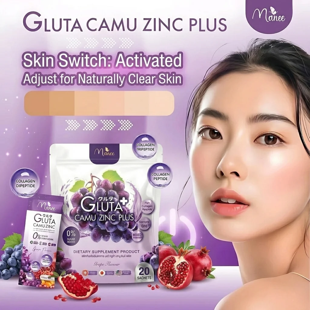 Manee Gluta Camu Zinc Grape Flavor | Glutathione, Collagen & Vitamin C Supplement (20 Sachets)