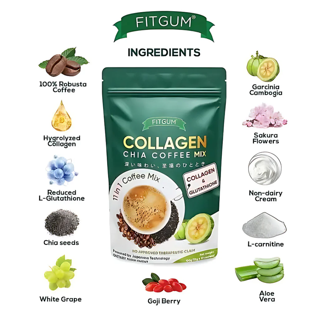 Fitgum Collagen Chia 11 in 1 Shape Coffee Mix – 12g x 10 Sachets