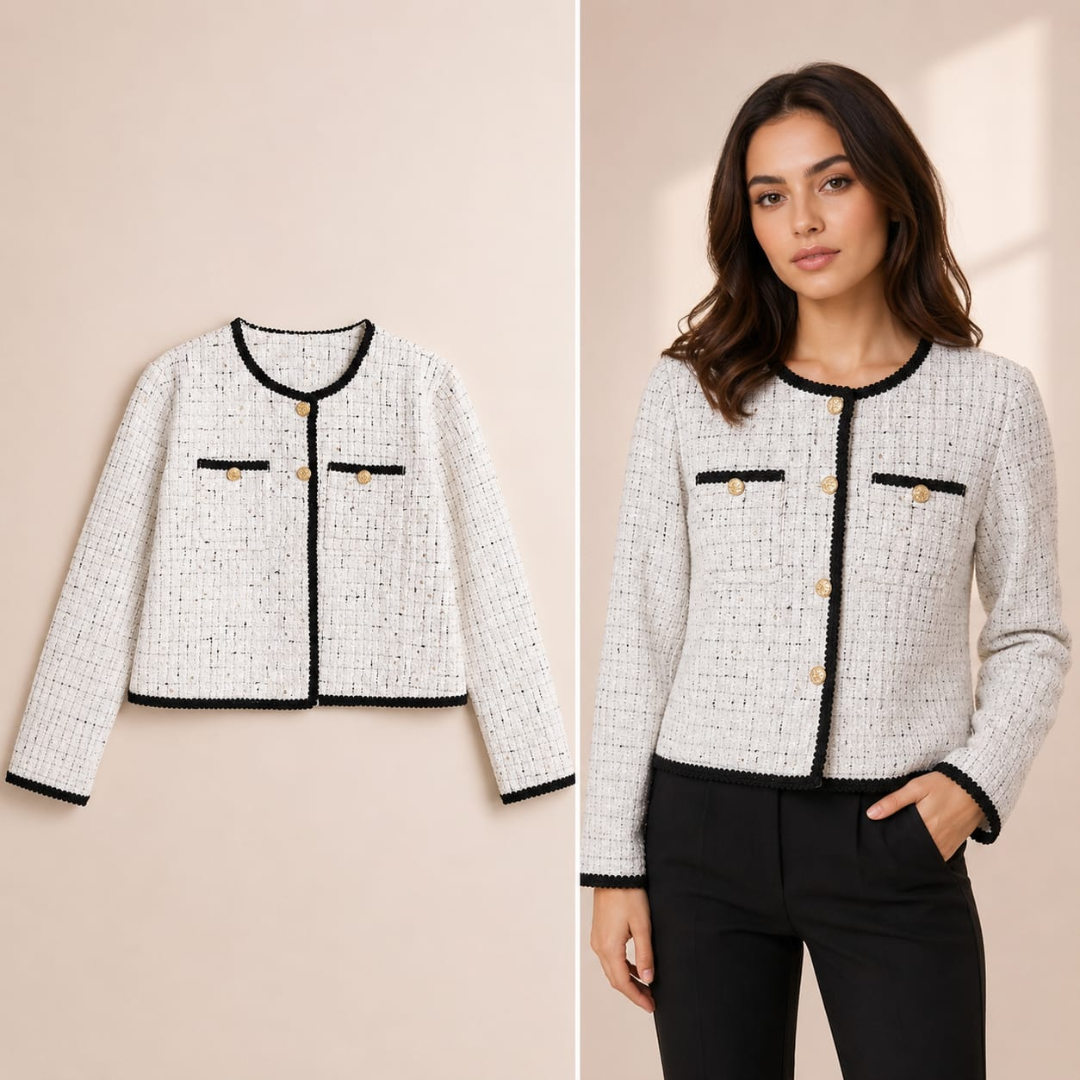 Women's Textured Tweed Jacket with Contrast Button Detail
