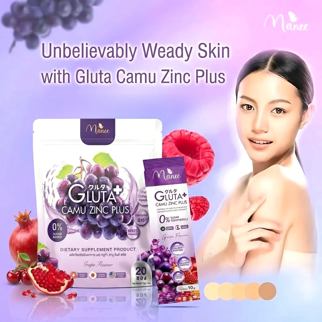 Manee Gluta Camu Zinc Grape Flavor | Glutathione, Collagen & Vitamin C Supplement (20 Sachets)