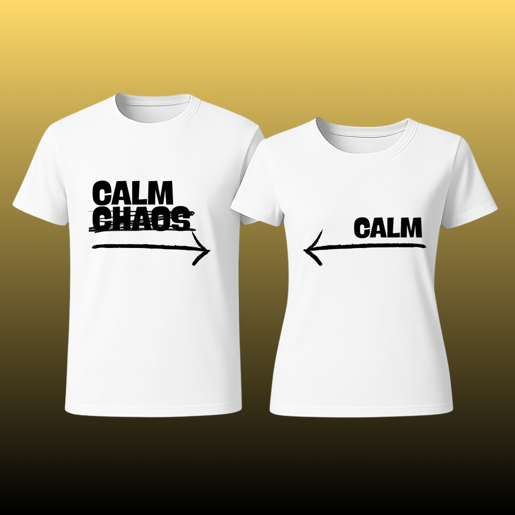 Two white t-shirts with black text on a gradient background