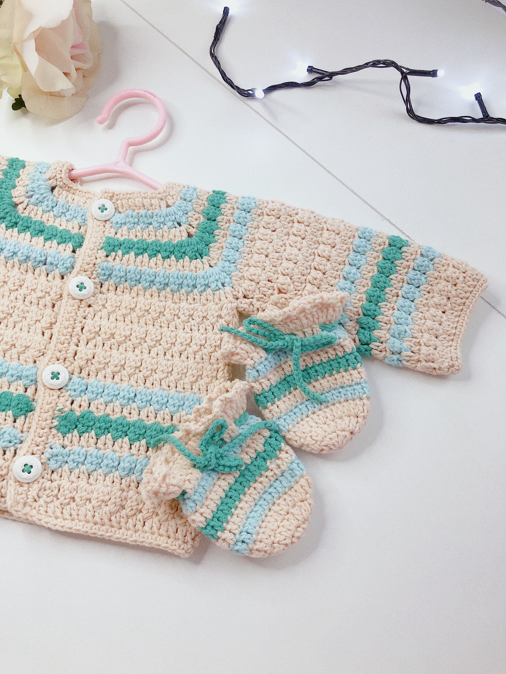 Minty Morning Baby Set - Handmade Crochet Cardigan & Booties - Made with love by Mai Stitches