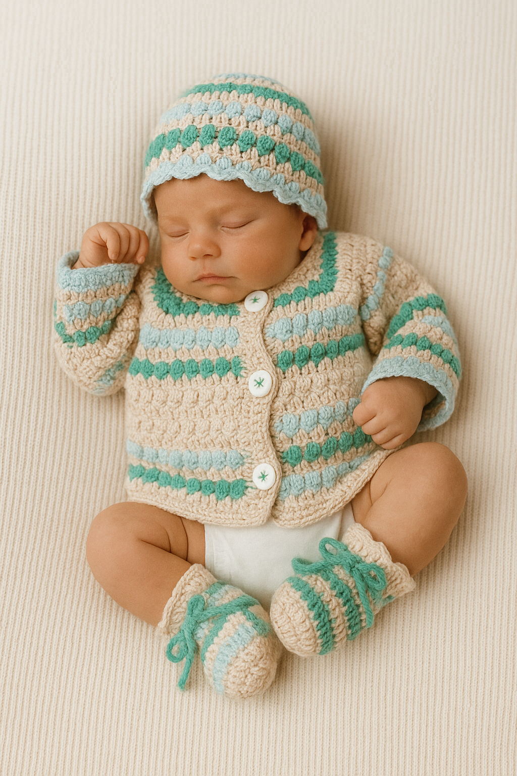 Minty Morning Baby Set - Handmade Crochet Cardigan & Booties - Made with love by Mai Stitches