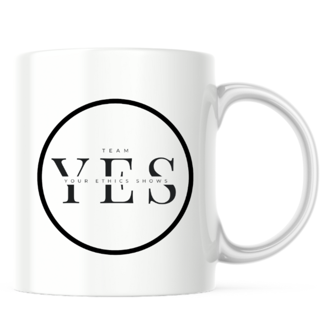 White mug with 'Team YES' logo on a white background