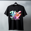 Black t-shirt with colorful 'YES YOUR ETHICS SHOWS' design on a colorful paint splash background