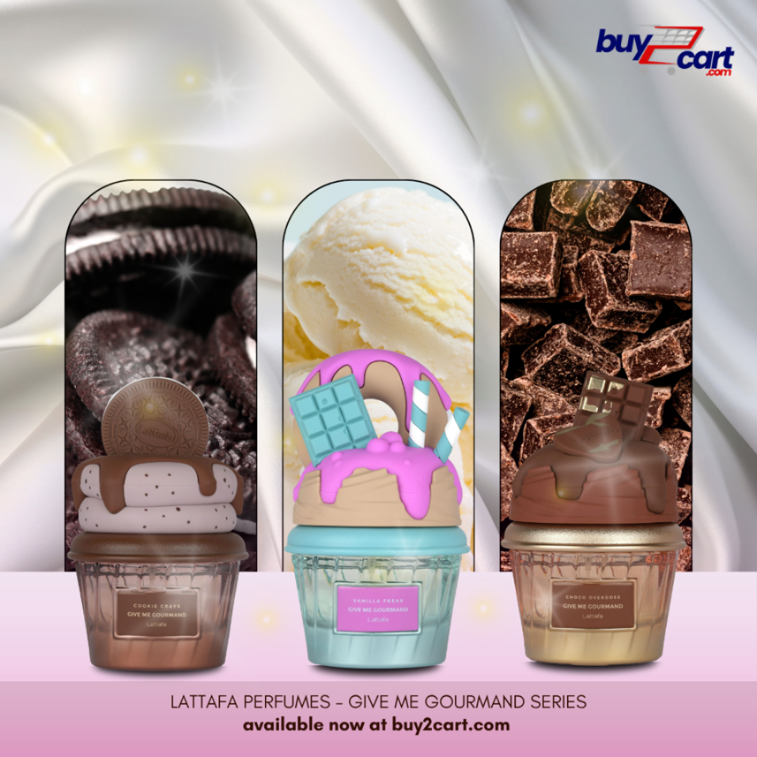 Three Lattafa perfume bottles styled like gourmet desserts, shown against a white draped background with a pink footer. The left bottle resembles chocolate cookies, the center bottle resembles vanilla ice cream with pink drizzle and chocolate pieces, and the right bottle resembles chocolate cake with chocolate topping.